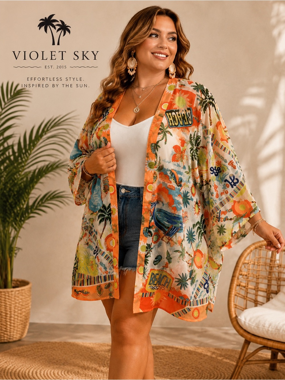 Violet Sky Tropical Beach Kimono Cover Up 1X Palm Tree Resort Euro Summer B6